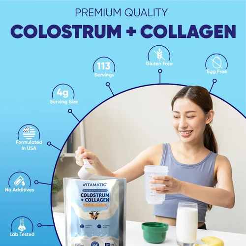 Vista 4 de Vitamatic Calostro bovino + colágeno en polvo, suplemento para la salud intestinal, crecimiento del cabello, belleza, recuperación muscular y apoyo