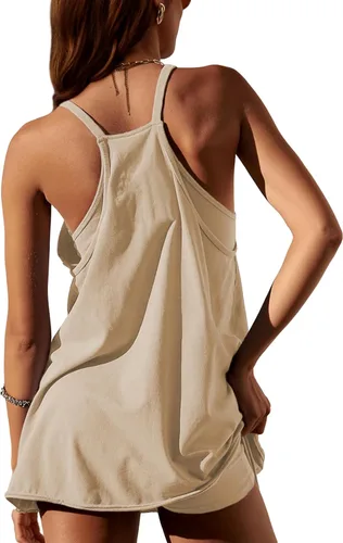 Vista 5 de Yidarer Minivestido deportivo de verano para mujer, sin mangas, tirantes delgados, pantalones cortos integrados, cuello en V, vestido de verano