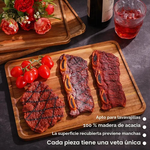 Vista 5 de Roowest - Paquete de 5 bandejas de madera maciza de acacia para alimentos Grabado láser, tablero rectangular de madera para aperitivo, bandeja