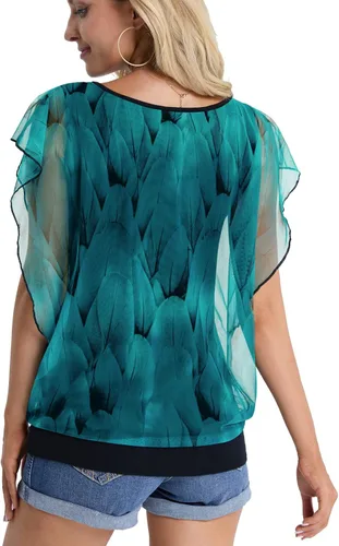 Vista 5 de BAISHENGGT Blusas de verano para mujer, de manga corta, plisadas, de malla frontal, blusas elegantes y casuales
