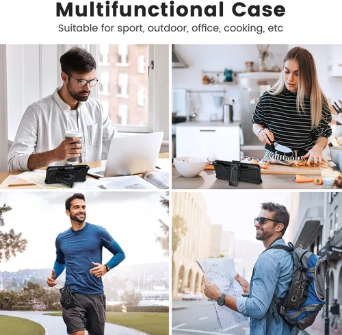 Vista 5 de Caka Funda para iPhone 13 Pro Max, iPhone 12 Pro Max con soporte y clip para cinturón, funda para cámara con soporte de anillo giratorio de 360°