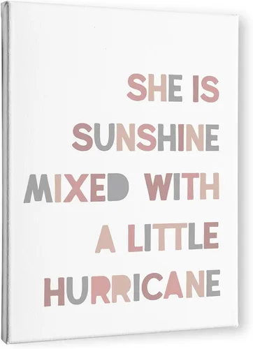 Vista 15 de PHAMTE Decoración de pared para dormitorio de niñas, arte de pared con texto en inglés «She is Sunshine Mixed with a Little Hurricane», lienzo
