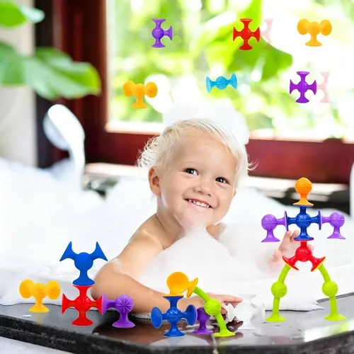 Vista 4 de Juego de construcción de 48 piezas de juguetes de ventosa, bloques de construcción de silicona, divertidos juguetes de baño para niños, artículos