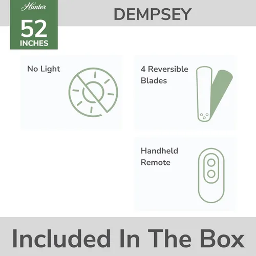 Vista 3 de Hunter Dempsey, ventilador de techo, para interiores, sin luz, 52 pulgadas Acabado cepillo níquel (Brushed Nickel Finish)