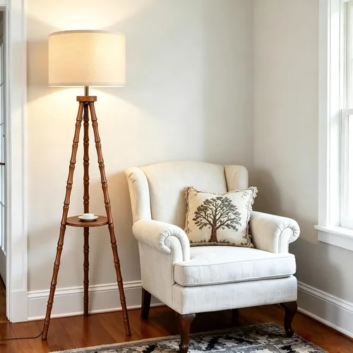 Vista 12 de LAMSU Lámparas de pie estilo bohemio con trípode para sala de estar, lámpara de pie de madera de ratán con pantallas de tela, lámpara de pie
