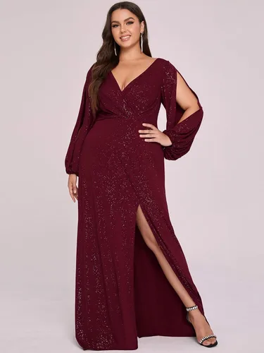 Vista 4 de Ever-Pretty Plus Womens Glitter V-Neck Side Slit Plus Size Evening Dresses with Long Sleeves 70110