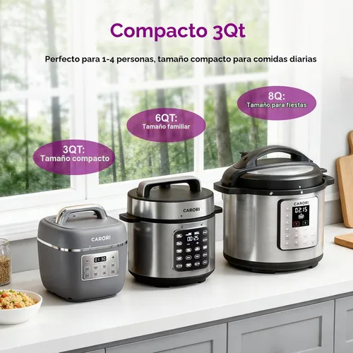Vista 4 de Carori Olla a presión eléctrica 8 en 1, olla multifunción compacta de 3 cuartos de galón todo en 1 con olla de cerámica, salteado, cocción lenta Gris