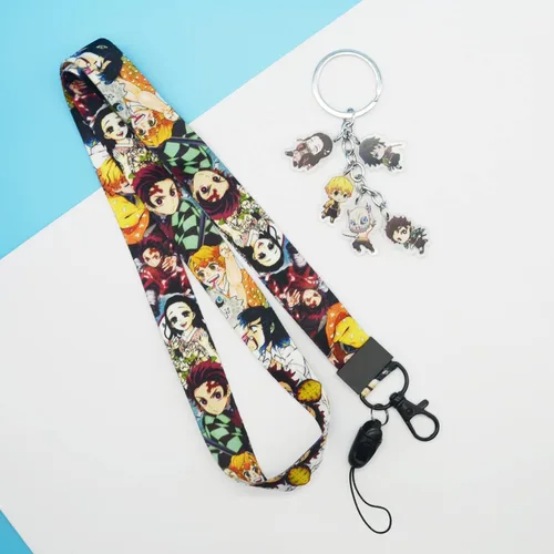 Vista 5 de Demon Anime Tanjiro & Nezuko - Cartera con cordón y llavero, tarjetero para tarjetas de identificación, bolsa con cordón, funda para el cuello