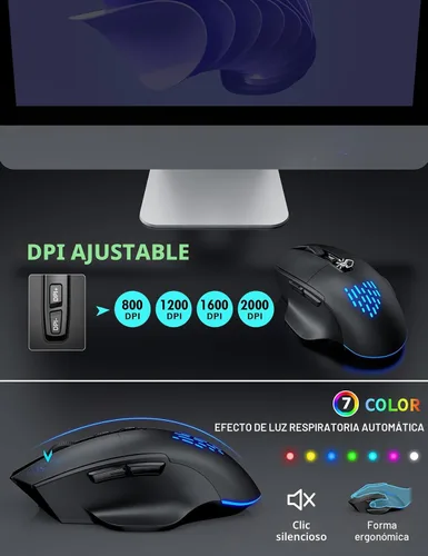 Vista 6 de Teclado y Mouse Inalámbricos con Retroiluminación, Reposamuñecas, Mouse LED, Teclado Ergonómico Recargable con Soporte para Teléfono, Combo