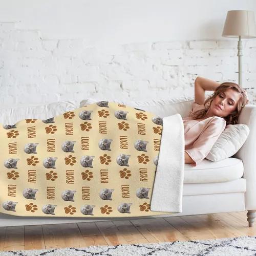Vista 5 de Manta personalizada con cara de gato y nombre de forro polar suave, divertida manta de fotos de varios tamaños, mantas personalizadas para sofá