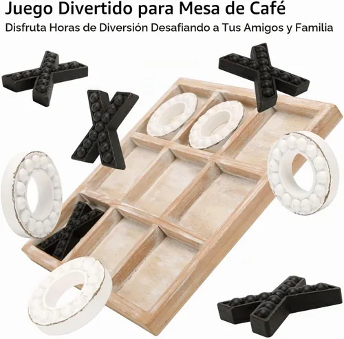 Vista 3 de NIKKY HOME Juego de mesa Tic Tac Toe para decoración de mesa de centro, tablero de madera rústico de 10.6 pulgadas, negro y blanco Blanco y negro