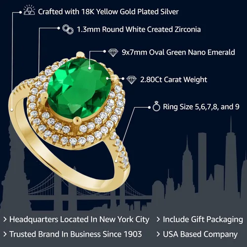 Vista 2 de Gem Stone King Anillo de esmeralda simulada de plata chapada en oro amarillo de 18 quilates para mujer