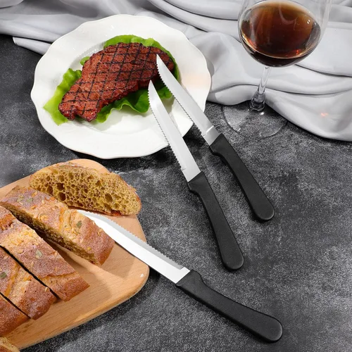 Vista 4 de Gisafai 150 cuchillos de carne de acero inoxidable con hoja puntiaguda mango de plástico negro para cocina, restaurante, vajilla, camping