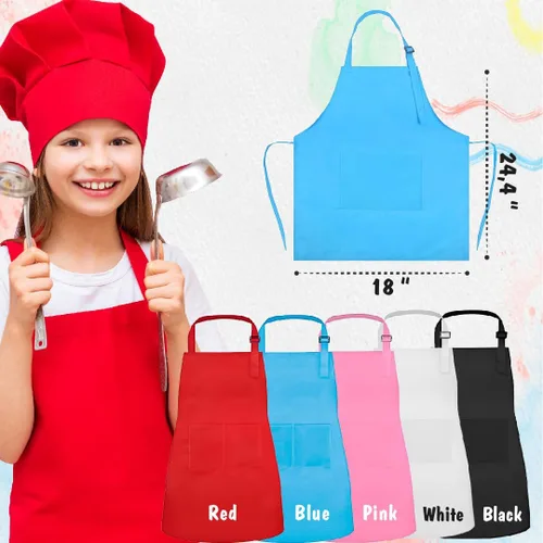 Vista 4 de Juego de delantal personalizado para niños con sombrero, delantal ajustable impermeable con 2 bolsillos para cocinar, hornear, pintar y arte, regalo