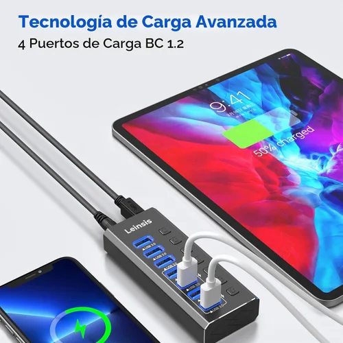 Vista 3 de Hub USB 3.0 alimentado, Leinsis 7 puertos USB 3.0 Hub [aluminio duradero] 7 puertos de transferencia de datos + 4 puertos de carga inteligentes