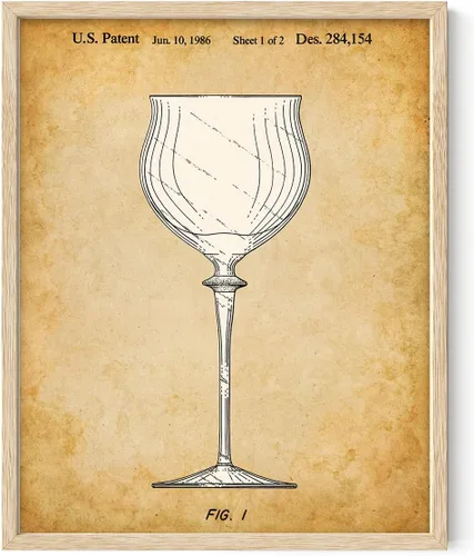 Vista 7 de Vintage Wine Glass Patent Drawing 1986 Stemware Illustration Antique Parchment Artwork Oak Frame Ready Hang for Home Bar Kitchen Dining Room Wine
