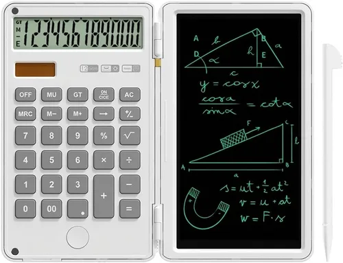 Vista 8 de Calculator with Writing Pad,12-Digit LCD Display, Dual Power Solar + Coin Cell,1-Yr Battery Life Silicone Keys for Comfort Lightweight Portable for