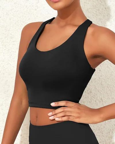 Vista 5 de XUNYU Sujetador deportivo de línea larga para mujer, con tirantes delgados, soporte integrado, espalda abierta, entrecruzada, para yoga