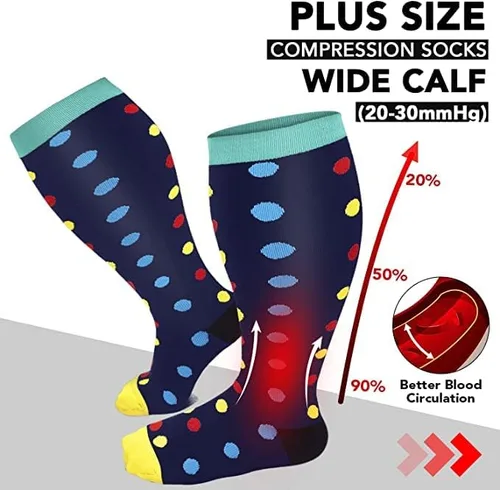 Vista 4 de SIOAUIRT Calcetines de compresión de talla grande para mujeres y hombres de 20 a 30 mmHg, medias de pantorrilla ancha, el mejor apoyo