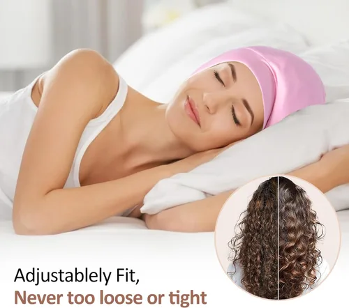 Vista 3 de Gorro de satén con forro de seda, cubierta ajustable para el cabello para mujeres y hombres, gorro de noche para el cuidado de pacientes