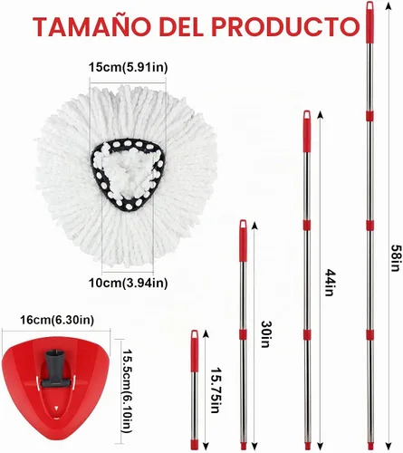 Vista 7 de Cabezal de repuesto para trapeador giratorio con 1 base giratoria y 1 mango. Recambios de fregona EasyWring compatibles con SpinMop triangular