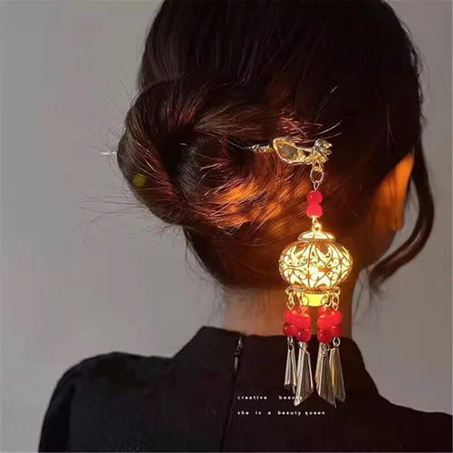 Vista 10 de Gancho de pelo con luz de linterna Bincout Meerore, accesorio de pelo con borla enrollada, estilo antiguo, para mujer #04