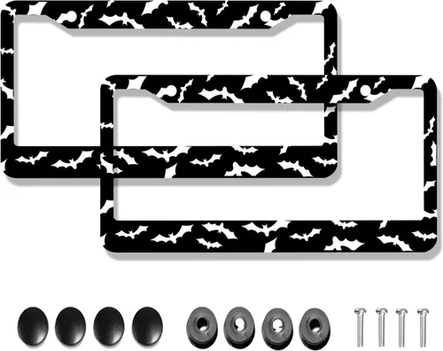 Vista 2 de Marco de matrícula de murciélago negro – 2 piezas de soporte para placa de matrícula de murciélago de Halloween, accesorios decorativos góticos