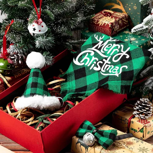 Vista 7 de Weewooday Juego de 3 piezas de disfraz de Navidad para perro, bandana a cuadros de búfalo, bufanda triangular, corbata de lazo para mascotas