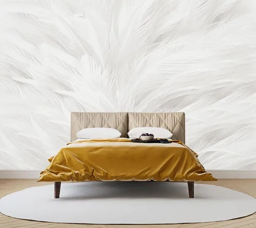 Vista 2 de Mural de Papel Pintado de Plumas Elegante Gris y Blanco para Sala de Estar Dormitorio (No se Pela ni se Pega) No despegar ni pegar