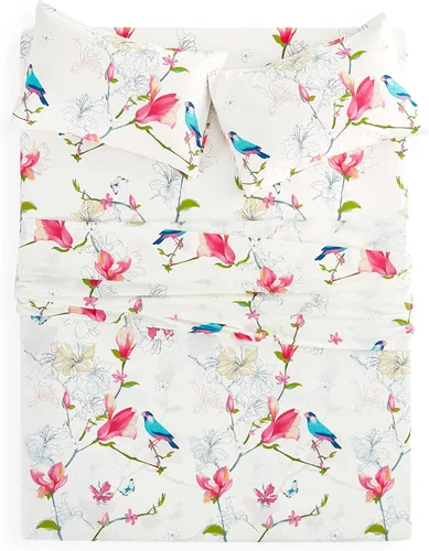 Vista 3 de Wake In Cloud - Sábanas florales, 100% algodón, juego de sábanas de 4 piezas, ropa de cama estética botánica bohemia con estampado de pájaros, Rosa