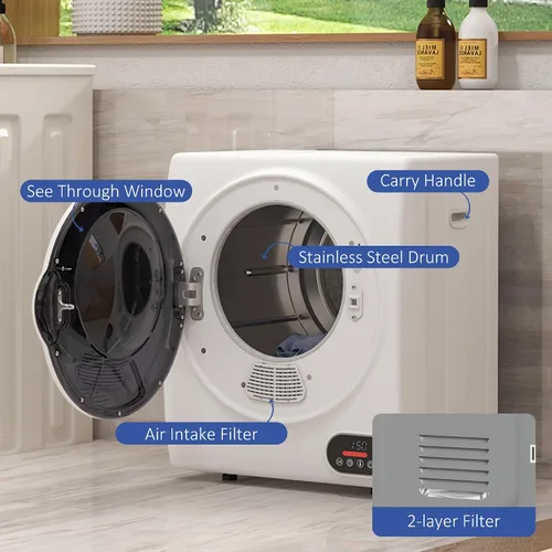 Vista 4 de HOMCOM Secadora de ropa portátil, secadora de ropa compacta con tambor de acero inoxidable de 1.5 pies cúbicos, secado inteligente, secadora