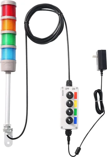 Vista 2 de Luz LED de torre Andon de 4 pilas con zumbador Red/Yellow/Green/Blue, On/Off, ABB Switch, 16 ft Extension Cable, Mean Well 120V-24V Adapter