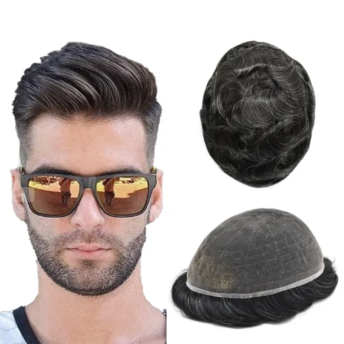 Vista 20 de Peluca de cabello humano con encaje completo, línea capilar real, para hombre, peluca de cabello con nudo blanqueado, pieza de pelo para hombres
