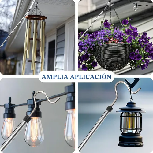 Vista 6 de Poste con Gancho para Ropa, Gancho Extensor para Colgar Ropa, Luces y Plantas, Extensible de 35" a 50", Hecho de Tubo de Acero Inoxidable con Mango