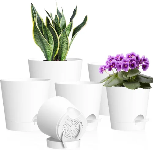 Vista 10 de WSMKSZ Macetas de riego automático de 4 pulgadas para plantas de interior y exterior, paquete de 6 macetas de plástico con agujeros de drenaje