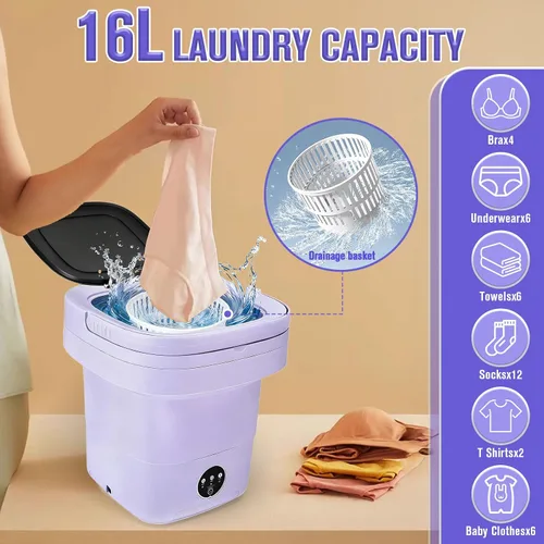 Vista 6 de Mini lavadora plegable de 16 litros para ropa interior, calcetines, ropa de bebé, 3 modos de limpieza con cesta de secadora giratoria, ideal