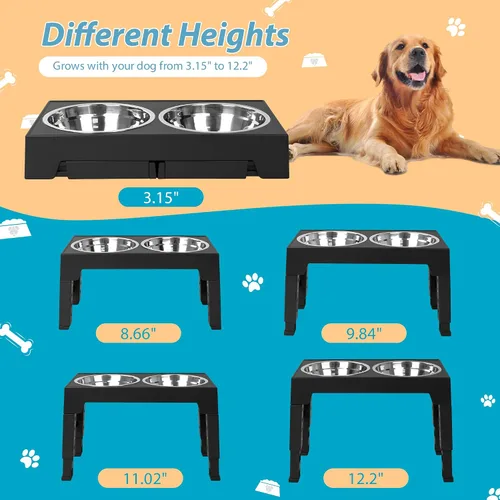 Vista 2 de Niubya Cuencos elevados para perros con 2 cuencos de comida de acero inoxidable para perros, cuenco elevado para perros que se ajusta a 5 alturas