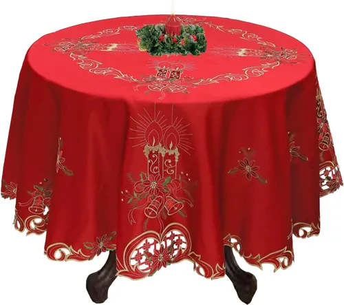 Vista 4 de Creative Linens Mantel Navideño Bordado con Flor de Pascua Vela Campana 70x90 Rectangular con 8 Servilletas ROJO Dorado