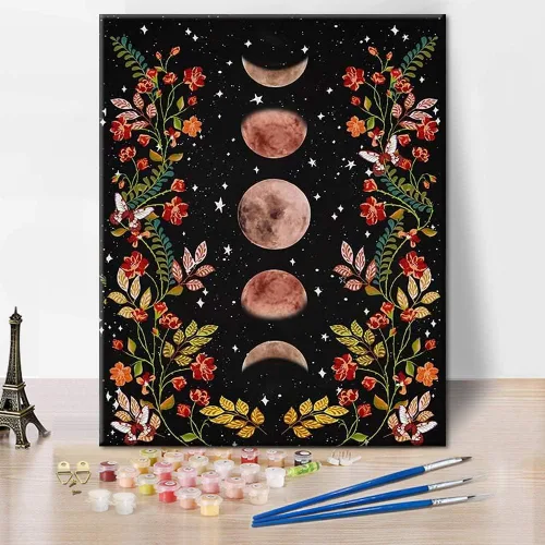 Vista 8 de TUMOVO Pintura por Números para Adultos Jardín con Luz de Luna Pintura por Números para Adultos Fase Lunar Rodeada de Enredaderas y Flores Negro Kit