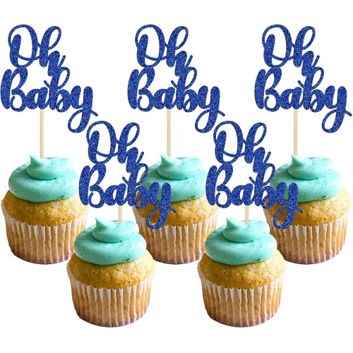 Vista 12 de Gyufise 36 piezas Adornos para cupcakes Oh Baby con moño azul y rosa, brillante dorado, adornos para cupcakes de baby shower, adornos para cupcakes