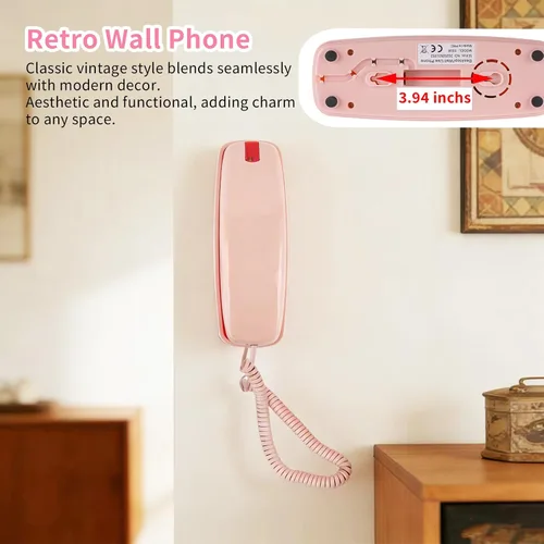 Vista 3 de Teléfono fijo rosa inspirado en el teléfono de princesa vintage de los años 90 con 110 DB+ timbre fuerte, teléfono de pared retro, no requiere