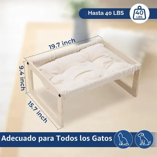 Vista 4 de Cama elevada para gatos, hamaca de madera para gatos con cojín lavable