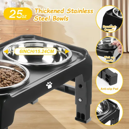 Vista 4 de Cuencos elevados para perros de 3 alturas ajustables con soporte elevado con cuencos de comida para perros de acero inoxidable de 25 oz