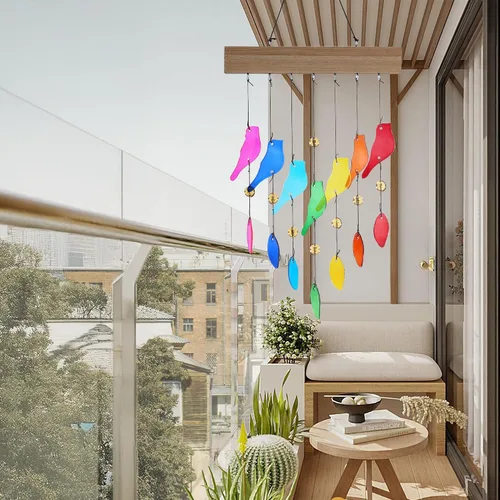 Vista 3 de Campanas de viento de vidrio coloridas para jardín y patio al aire libre - Campana de viento con diseño de pájaro hecha a mano, regalo perfecto
