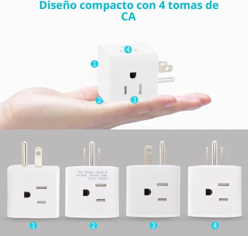 Vista 2 de Extensor de toma de corriente múltiple de 3 clavijas, enchufe de pared de 4 vías, toma de corriente alterna, divisor de enchufe a tierra a Estados