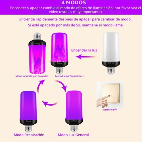 Vista 4 de Bitrue Bombillas LED de llama, 4 modos de luz con efecto de llama morada, bombilla de fuego con base E26 con sensor de gravedad, bombillas