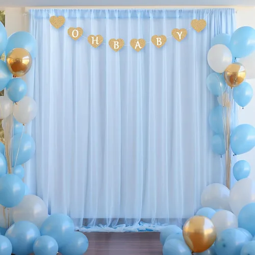 Vista 2 de Cortina de telón de fondo de tul azul bebé de 10 x 10 pies para fiestas, cortinas de fondo transparentes para bodas, baby shower, baby shower