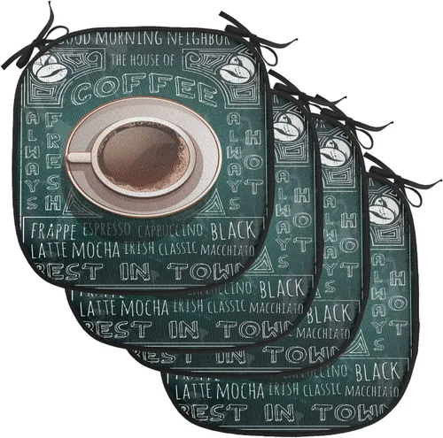 Vista 191 de Lunarable Cojín de asiento para silla de café, siluetas de taza de café expreso con frijoles fuente de cafeína, ilustración de bebidas gourmet