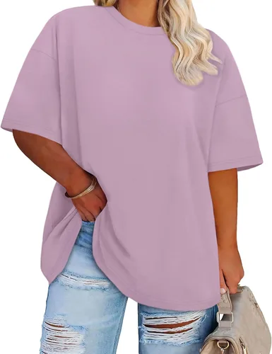Vista 19 de Blusas de Talla Grande Casuales Camisetas Oversized para Mujeres Ajuste Holgado Cuello Redondo Blusas Camisetas Básicas de Verano Tees
