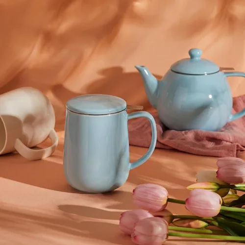 Vista 5 de Sweese Taza de té de porcelana de 20 onzas con infusor y tapa, taza de té gris azulado